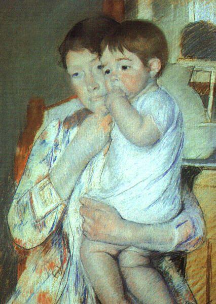 Mary Cassatt Mother and Child against a Green Background